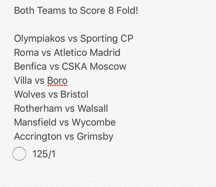 Tuesday Night Tips!! 
BTTS is a long shot. 
What's everyone else got tonight? 
#FreeTips