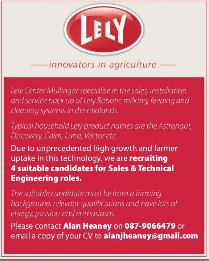 Niall McGauran (@lelyrobotman) on Twitter photo Great career opportunities; 4 positions to fill - Sales & Service. Contact Alan on 087-9066479 or email your cv to alanjheaney@gmail.com Great career opportunities; 4 positions to fill - Sales & Service. Contact Alan on 087-9066479 or email your cv to alanjheaney@gmail.com