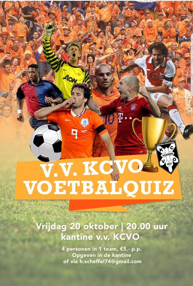 Schrijf je in voor de <a href="/KCVOvaassen/">V.V. K.C.V.O.</a> voetbalquiz. 20 rondes met geluids- en beeldfragmenten. Een gezellig avondje voetbal en humor!