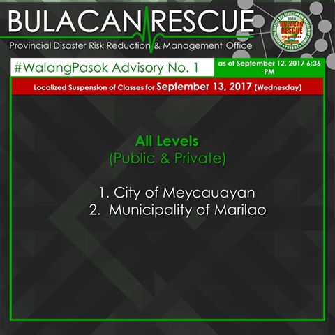 BulacanRescue's tweet photo. #WalangPasok Advisory no. 1 For Sept. 13, 2017 
 Due to Tropical Depression "MARING"

 #BulacanRescue
 #PleaseShare https://t.co/eKaK5wcN3K