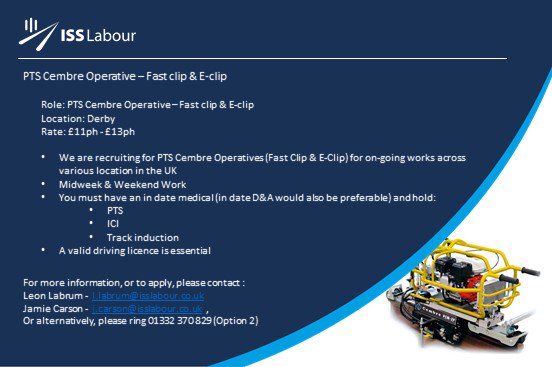 iss_labour's tweet photo. **PTS Cembre Operatives**
For more information, or to apply, please contact Leon Labrum or Jamie Carson please ring 01332 370 829 (Option 2) https://t.co/CCVeuxKQwf