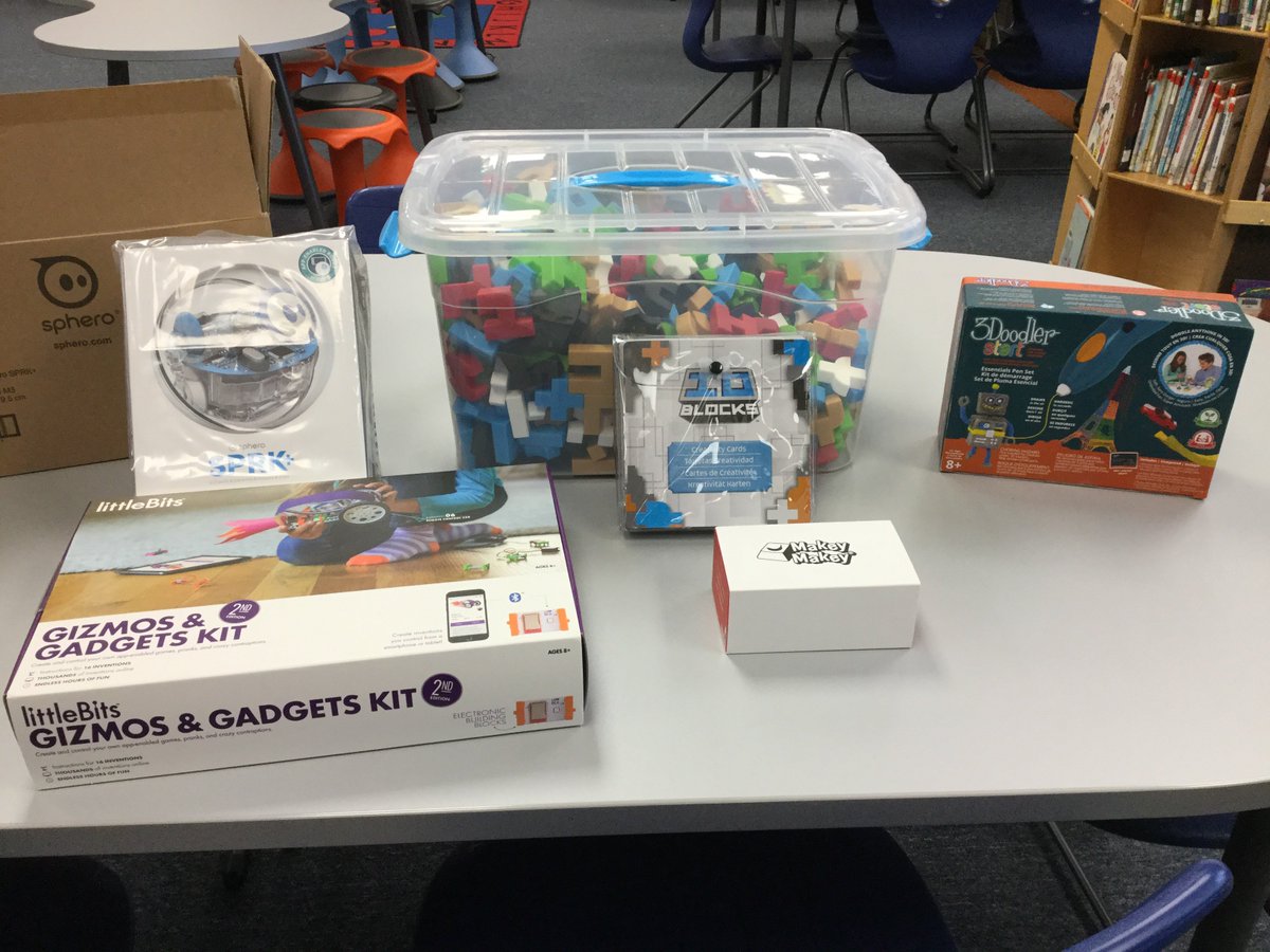 LoriBNesbitt's tweet image. Newest additions to @MorganBroncos Maker Space ~ #circuits #3Dprinting #RobotsAndCode @Sphero @3Doodler @littleBits @makeymakey @Scholastic