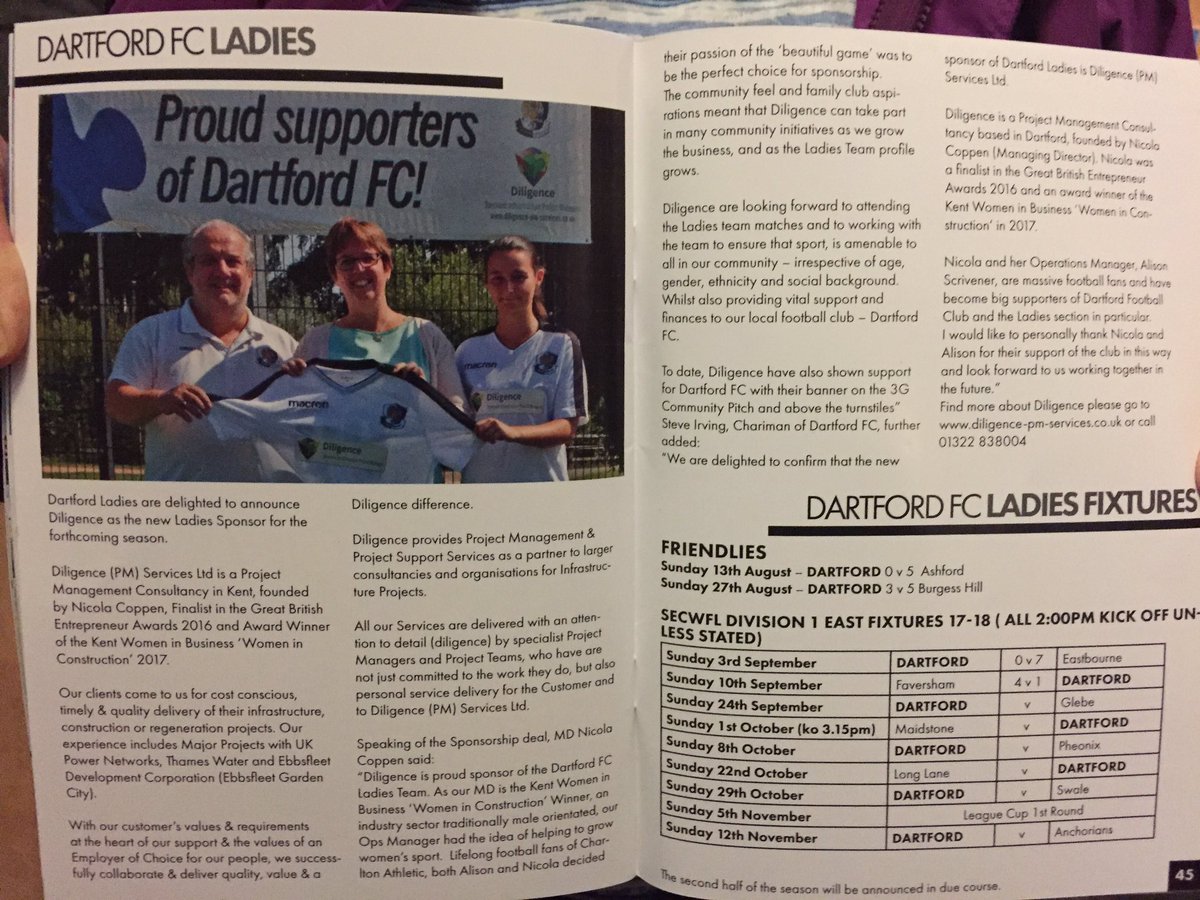 DiligencePM's tweet image. In the #programme! @dartfordfc #LadiesFootball nice write up @NicolaC_KICC @Addicknic #SportForAll @England #DartfordFC