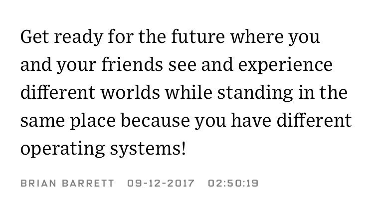 Yay. We're not even pretending anymore that #tech is bringing people together. Here's <a href="/wired/">WIRED</a> reporting from <a href="/apple/">Apple</a>'s event. #VR #AR