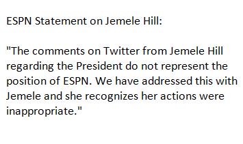 ESPN statement on Jemele Hill - no punishment for her