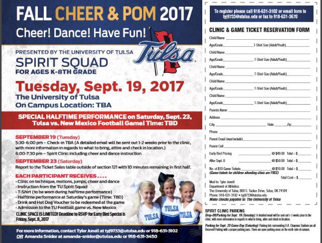 Cheer! Dance! Have fun! Sign up now for our Cheer &amp; Pom clinic. Call Tyler at 918-631-3102 to learn more 📢🌀