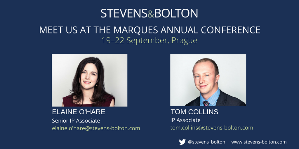sb_iplaw's tweet image. Meet  Elaine O’Hare and @TomCollinsIP at the @MarquesIP Annual Conference next week #marques2017 #prague