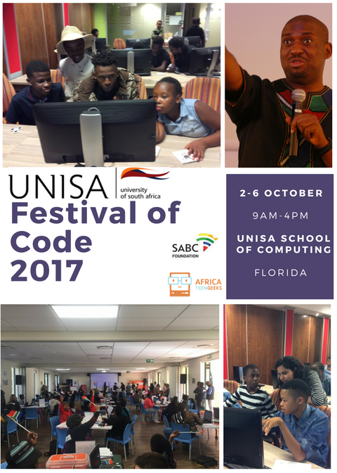 africateengeeks's tweet image. Excited 2 announce that we&apos;ll be hosting our 2017 #FestivalofCode in partnership w/ @SABCFoundation and @unisa 2-6 October #Inspirekids2code