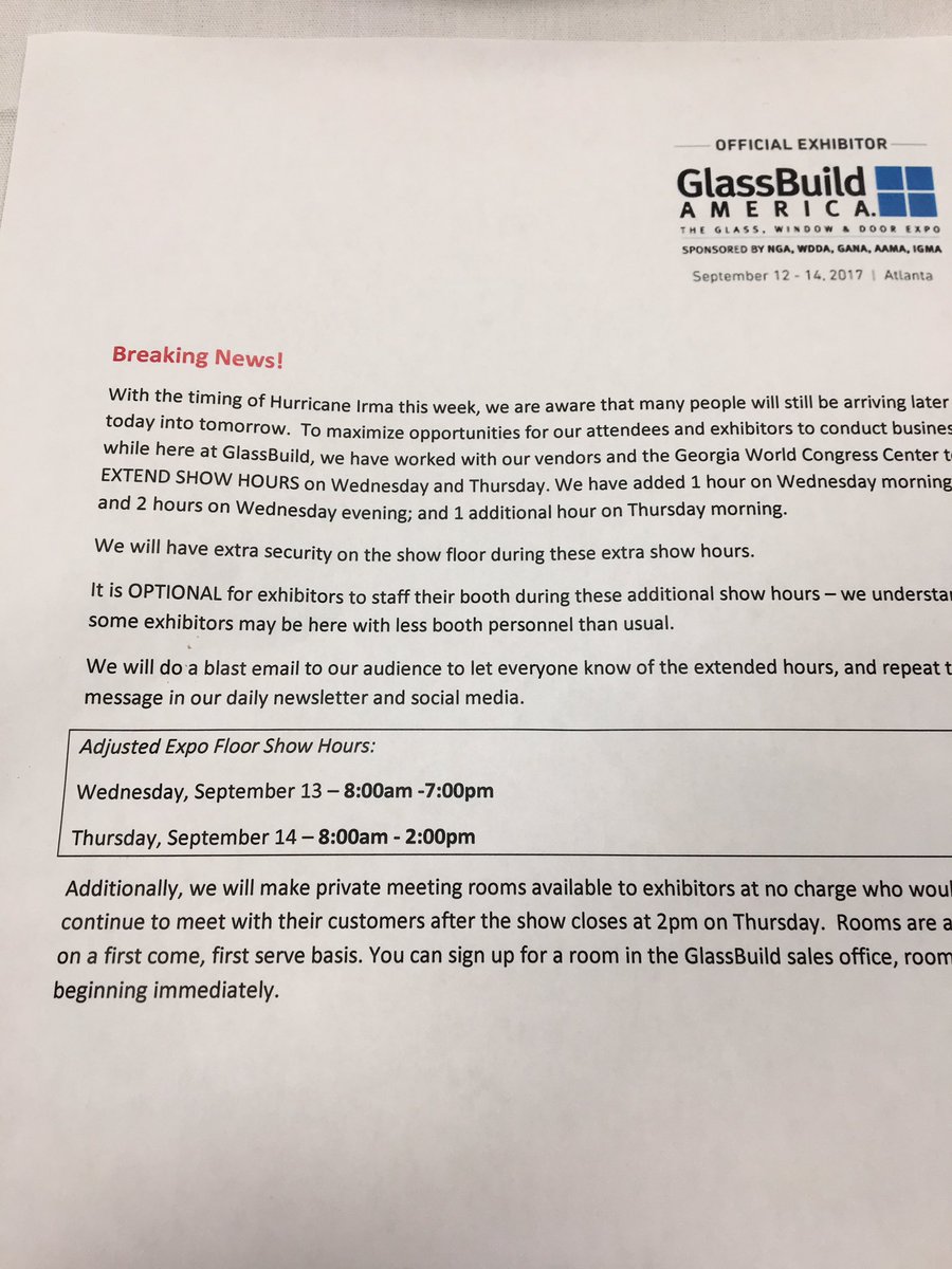 GlassBuild's tweet image. BREAKING: Hours extended at #GlassBuild.  Tomorrow 8AM open until 7PM. Thursday 8AM to 2PM. Weather is great. Show floor is amazing.
