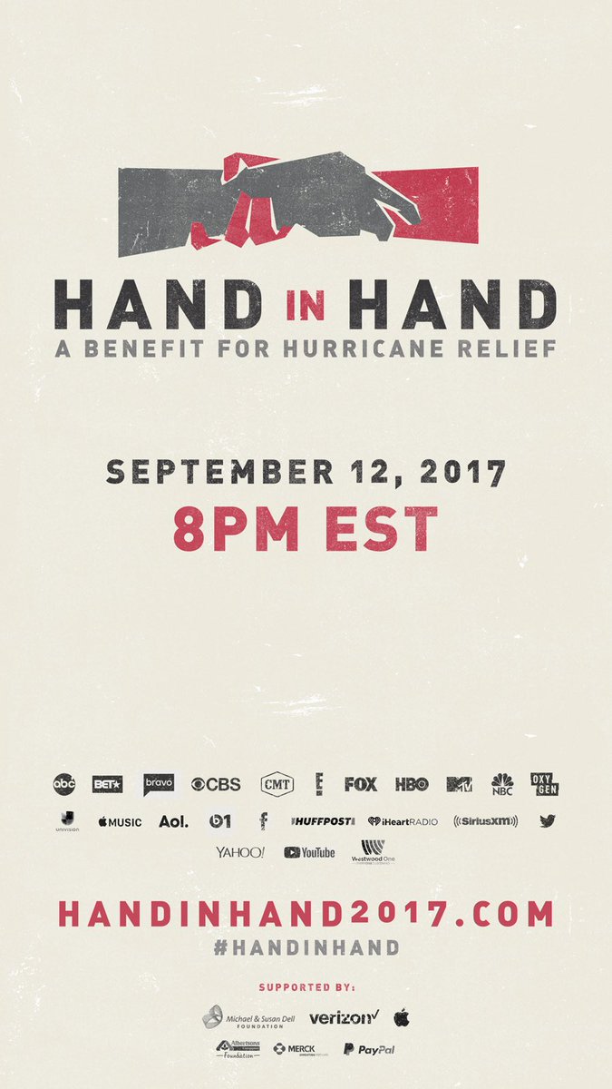 Looking forward to the #HandInHand benefit for #HurricaneHarvey &amp; #HurricaneIrma relief w @beyonce, <a href="/justinbieber/">Justin Bieber</a> &amp; more. Tune in at 8p ET!