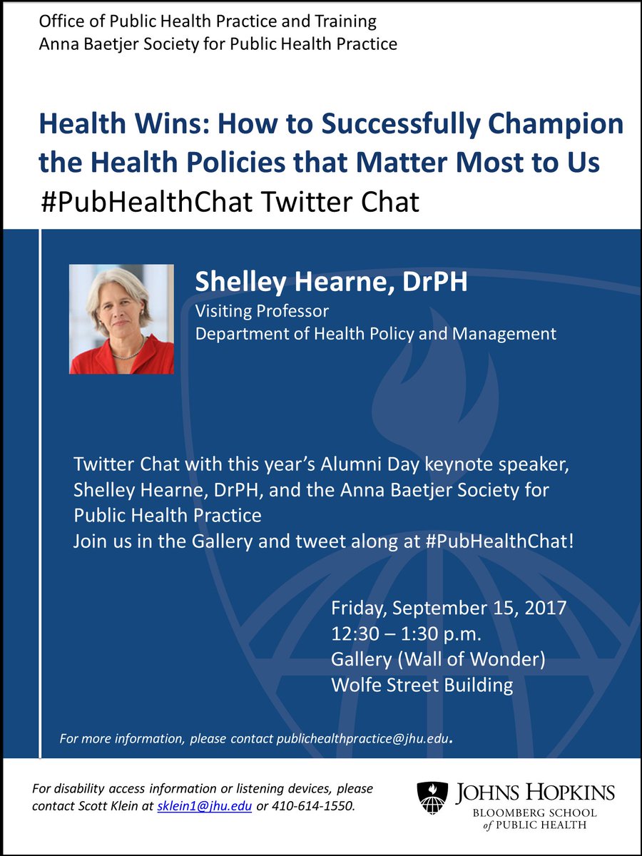 PubHlthPractice's tweet photo. Join @ShelleyHearne and @HopkinsABS for our #PubHealthChat on 9/15 at 12:30 pm @JohnsHopkinsSPH! Tweet along and join in the Gallery. https://t.co/ASl7lcl81K