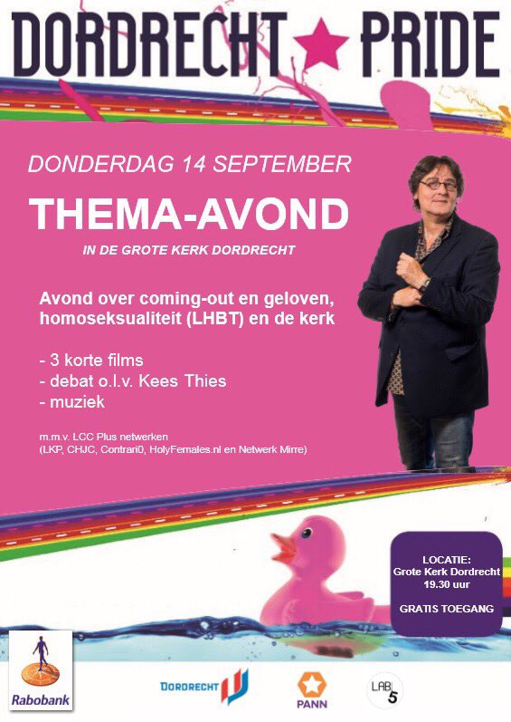 Don. 14 sept. om 20u (inloop 19.30u) <a href="/grote_kerk/">Grote Kerk Dordrecht</a> een thema-avond over coming-out en geloven. Meer info: grotekerk-dordrecht.nl/thema-avond-co… #DordtPride