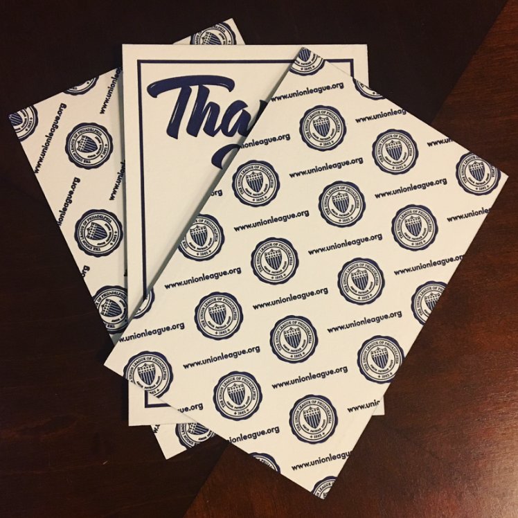 TheUnionLeague's tweet photo. New thank you cards for our online gift shop customers! Kudos to @KThomasPrinters for the beautiful work. #Stationary #Letterpress #Print https://t.co/JzeaSNwrBU
