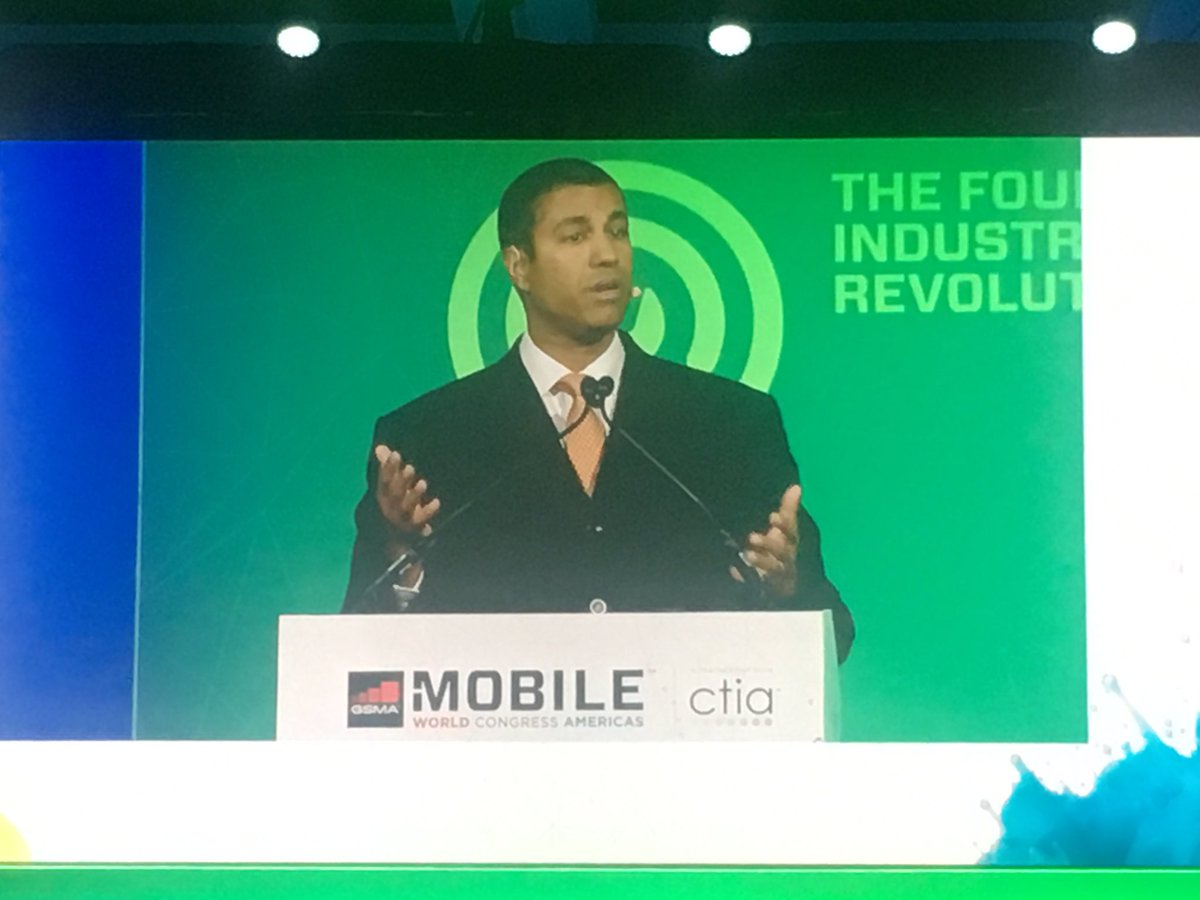 GSMA's tweet image. .@AjitPaiFCC shares the impact of #wireless communications in the face of recent natural disasters at #MWCA17 @FCC