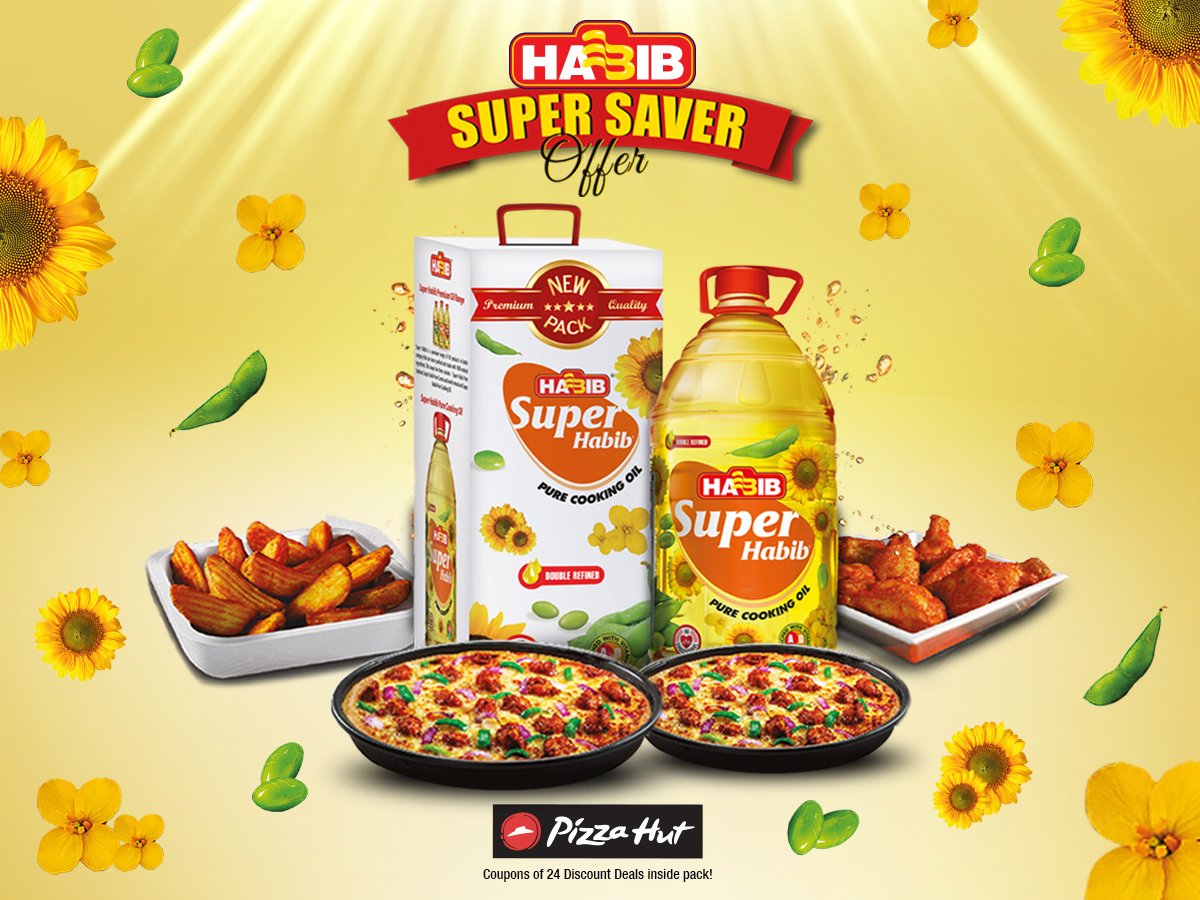 HabibOilMills's tweet photo. Every bottle of 3 & 5 litres of New #SuperHabib #PureCookingOil you will find 24 Discounted Deal Coupons of #PIZZAHUT in the BOX! #HabibOil https://t.co/crbJqrOxId