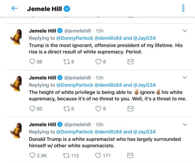 Looks like racist ESPN piglet Jemele Hill deleted her Trump is a white supr...