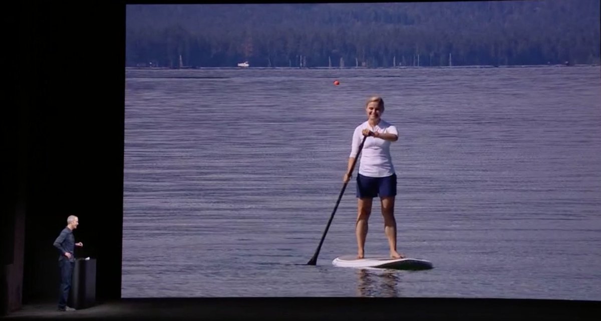 TechCrunch's tweet photo. Team member is now doing a call on Apple Watch with Jeff. We’re shown a live video shot of her on a paddleboard as she talks #AppleEvent https://t.co/PXvfmuvGy7