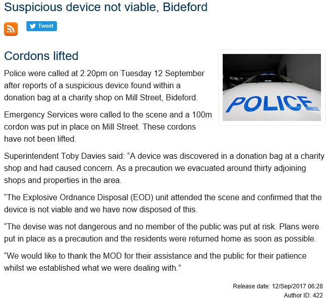 Cordons lifted as EOD confirm suspicious device found in #Bideford is not viable. Thanks to the public for patience. goo.gl/xDhW6N