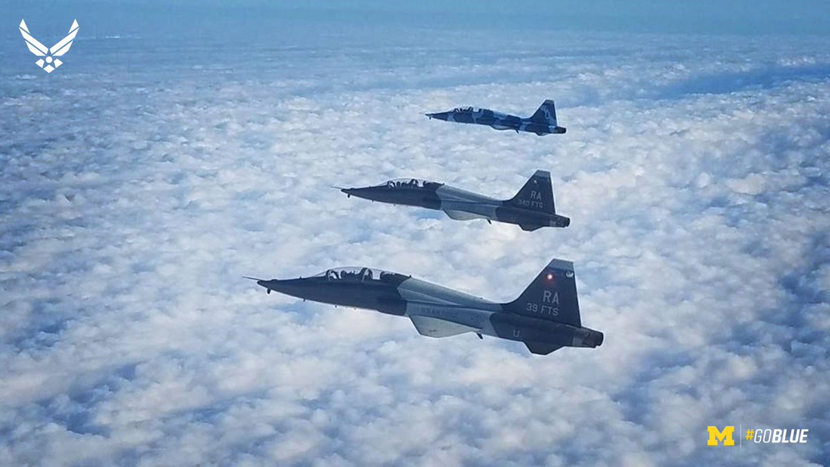 UMichAthletics's tweet photo. Four @usairforce T-38 Talons will conduct the flyover at Saturday’s @UMichFootball game. Two pilots are @UMich grads!

#GoBlue #AFFlyover https://t.co/6vhrjrhfiz