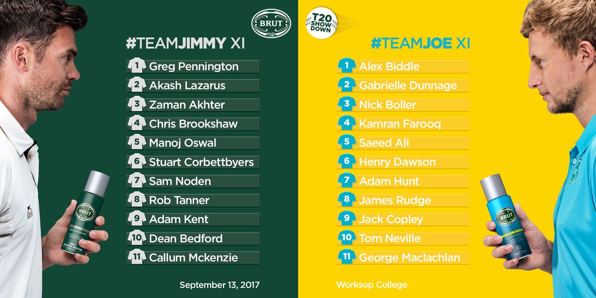 Here are <a href="/jimmy9/">James Anderson</a> and <a href="/root66/">Joe Root</a>'s teams for tomorrow's Big BRUT Bash! 

#TeamJimmy v #TeamJoe