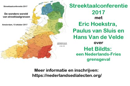 Streektaalconferentie op 13 oktober, over de grenzen van streektalen. Met o.m. Hoekstra, Van Sluis en Van de Velde. <a href="/FryskeAkademy/">Fryske Akademy</a>