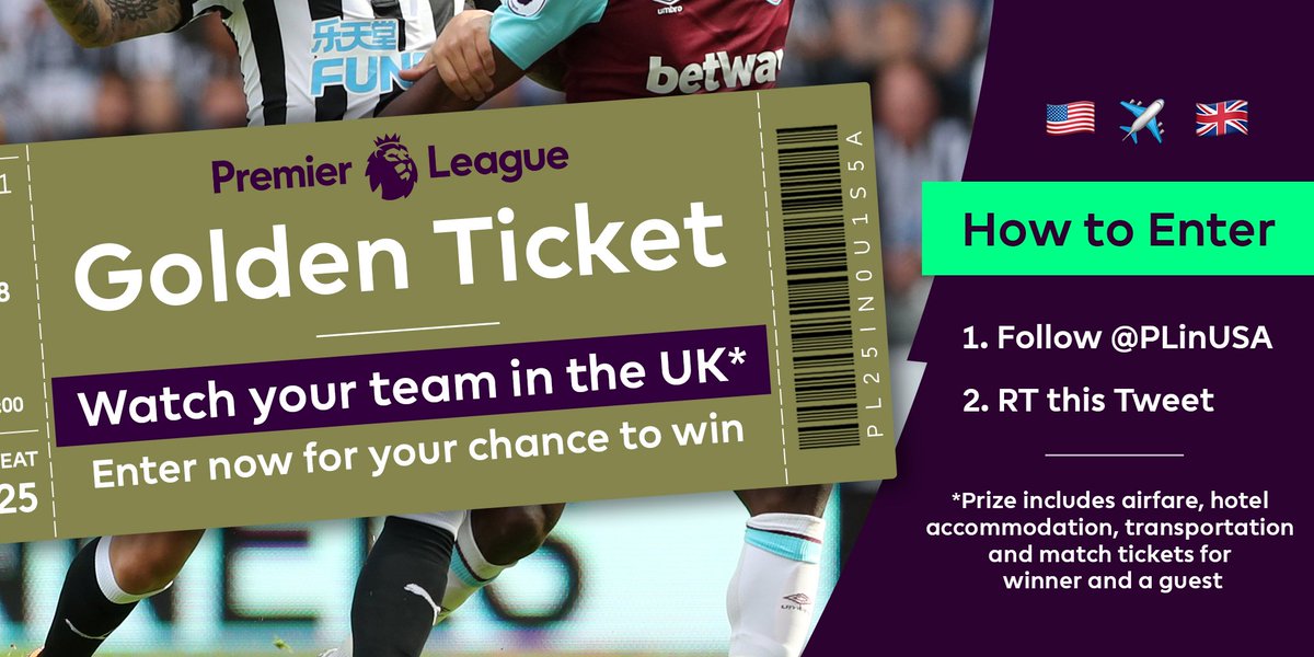 🇺🇸✈️🇬🇧

You know the drill! RT &amp; follow to enter for a chance to win a trip to see your #PL team play in person

#PLGoldenTicketSweepstakes