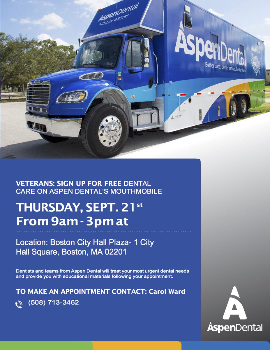 GotYourSix's tweet photo. ATTN Boston-area vets: Sept 21 is your chance to receive free dental care from the @AspenDental #MouthMobile. Call (508) 713-3462 for appt https://t.co/zm2Ktec8um
