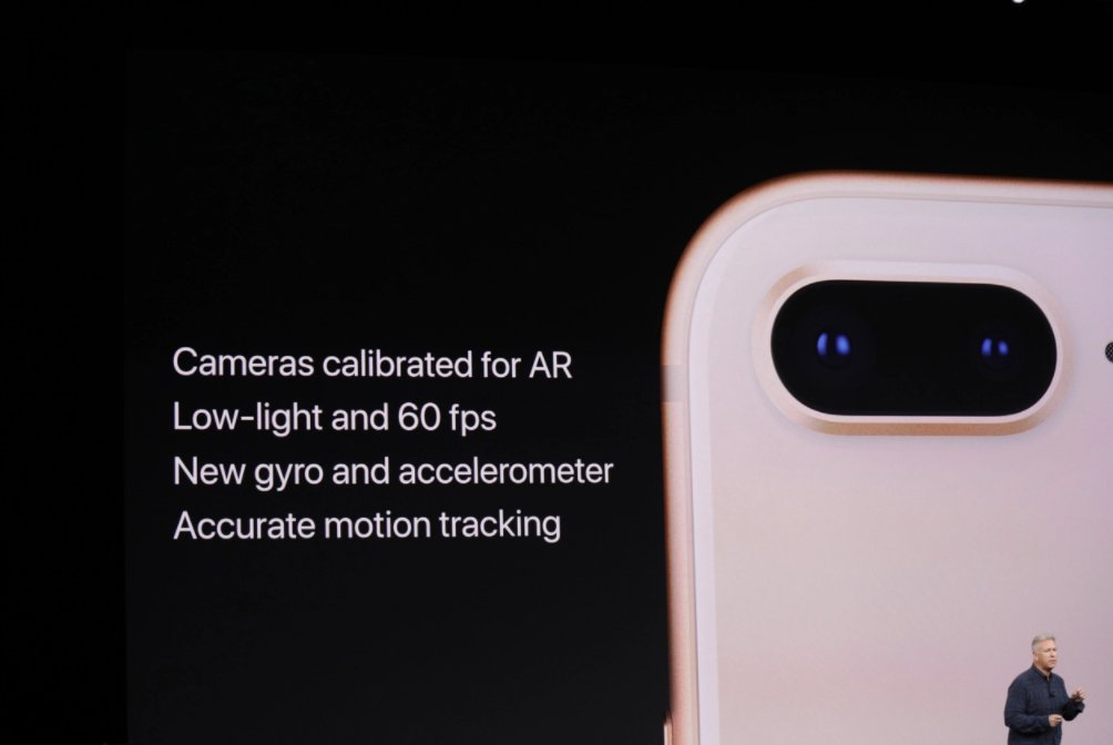 TechCrunch's tweet image. The cameras have been calibrated for augmented reality and the A11 Bionic chip is also optimized for AR tcrn.ch/2eSFejP #AppleEvent