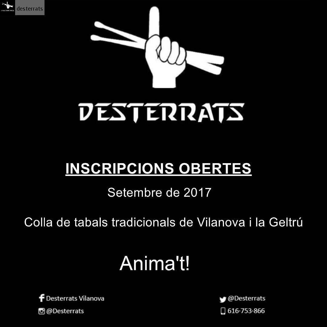 Desterrats's tweet photo. Obrim inscripcions! #Correfoc #FestaMajor #Tabals #Tabalers #Drums #CulturaPopular #Tradicions #VilanovaILaGeltru #Desterrats #PicantFort https://t.co/sM8BCyzWcx