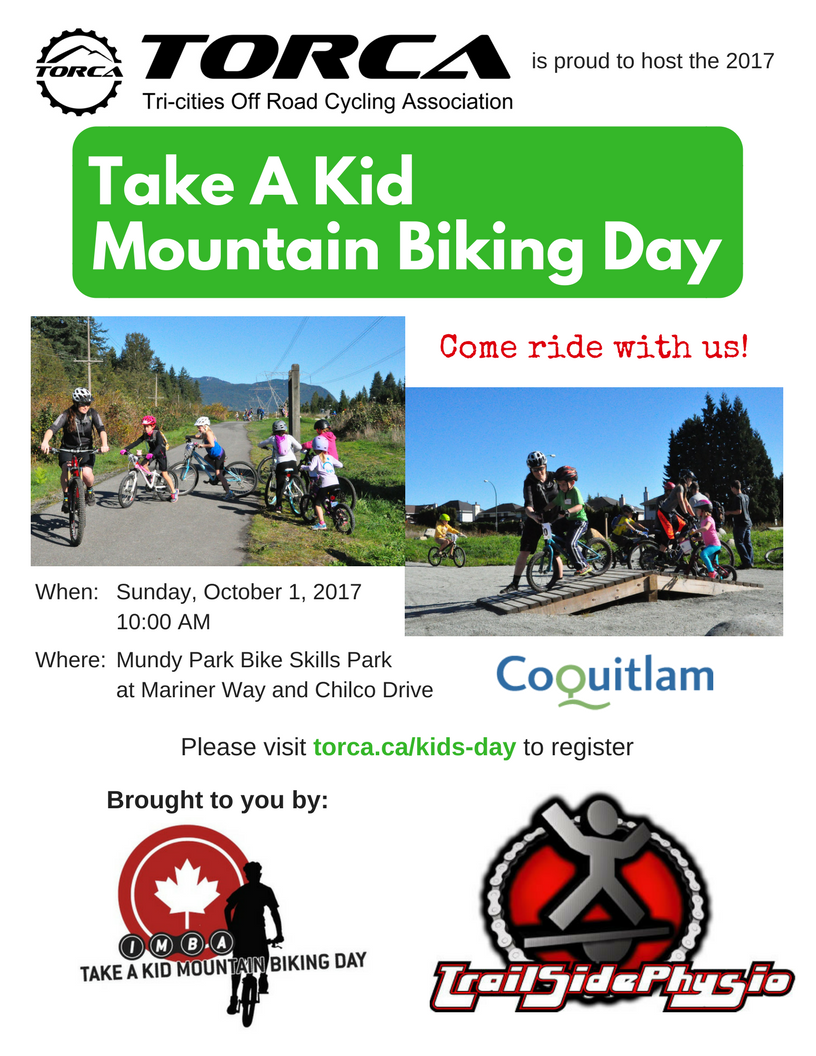 Take a kid mountain biking day - happening on Sunday, Oct. 1st at Mundy Bike skills park. For details check torca.ca/kids-day/ #torca