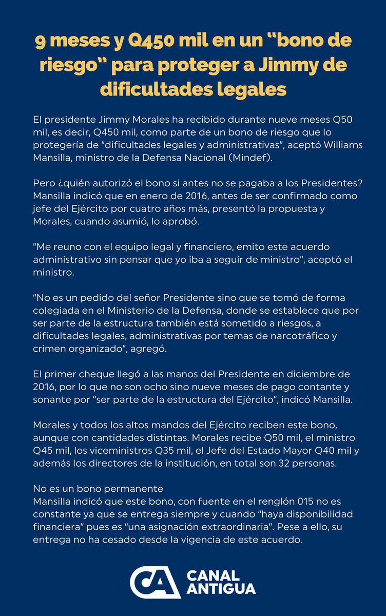 contrapodergt's tweet photo. #JimmyCheques 9 meses y Q450 mil en un “bono de riesgo” para proteger a @jimmymoralesgt de dificultades legales https://t.co/t0WQjKvoYN
