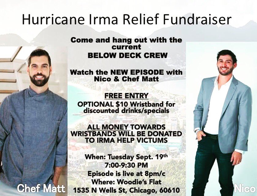 Nico_abitua's tweet photo. Next tuesday at @WoodiesChicago  with me and @ChefMattBurns1 #belowdeck #irma #fundraiser https://t.co/qlnEIfBNn2
