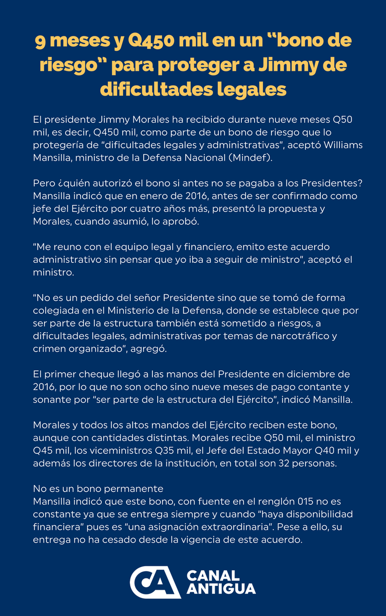 CanalAntigua's tweet photo. #JimmyCheques 9 meses y Q450 mil en un “bono de riesgo” para proteger a @jimmymoralesgt de dificultades legales https://t.co/4bmrwGAsHP
