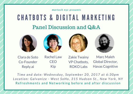 MartechWiz's tweet photo. Upcoming MarTech NYC event "Chatbots &amp; Digital Marketing" https://t.co/Tu1MzX36bi with panelists from @replydotai @rokolabs @kiptalk @havas https://t.co/XSwFw3dF5O