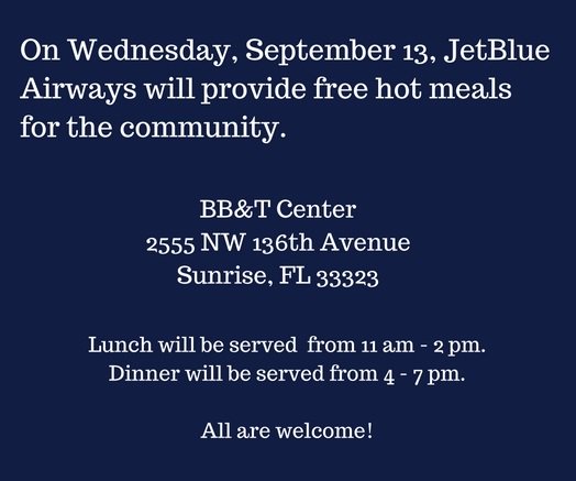 FLLFlyer's tweet image. Goodwill gesture from an airline partner courtesy of @JetBlue #hurricaneirma2017