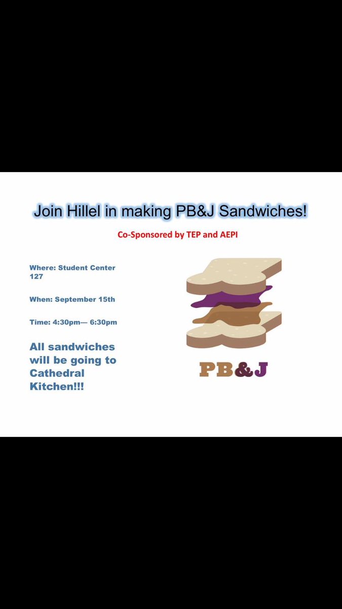 RowanHillel's tweet photo. Hey guys! Join us this coming Friday in room 127 in the Student Center and help us make PB&amp;J sandwiches!! https://t.co/ojFnKUJvL0
