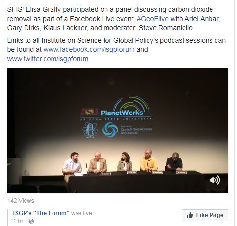 ASU_SFIS's tweet photo. Head to https://t.co/QSM1VMqsOl to see SFIS' Elisa Graffy on an @ISGPforum panel discussion on #CO2 removal #sustainability #GeoElive https://t.co/95PgTEAhgU