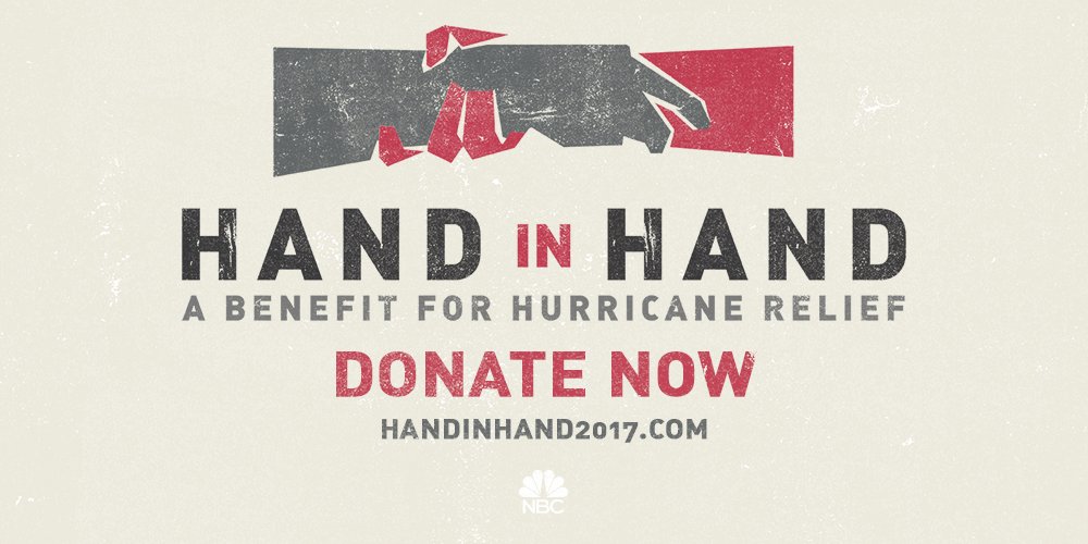 Let's lend a hand to those affected by the hurricanes: handinhand2017.com Join us #HandInHand tonight on NBC at 8/7c.