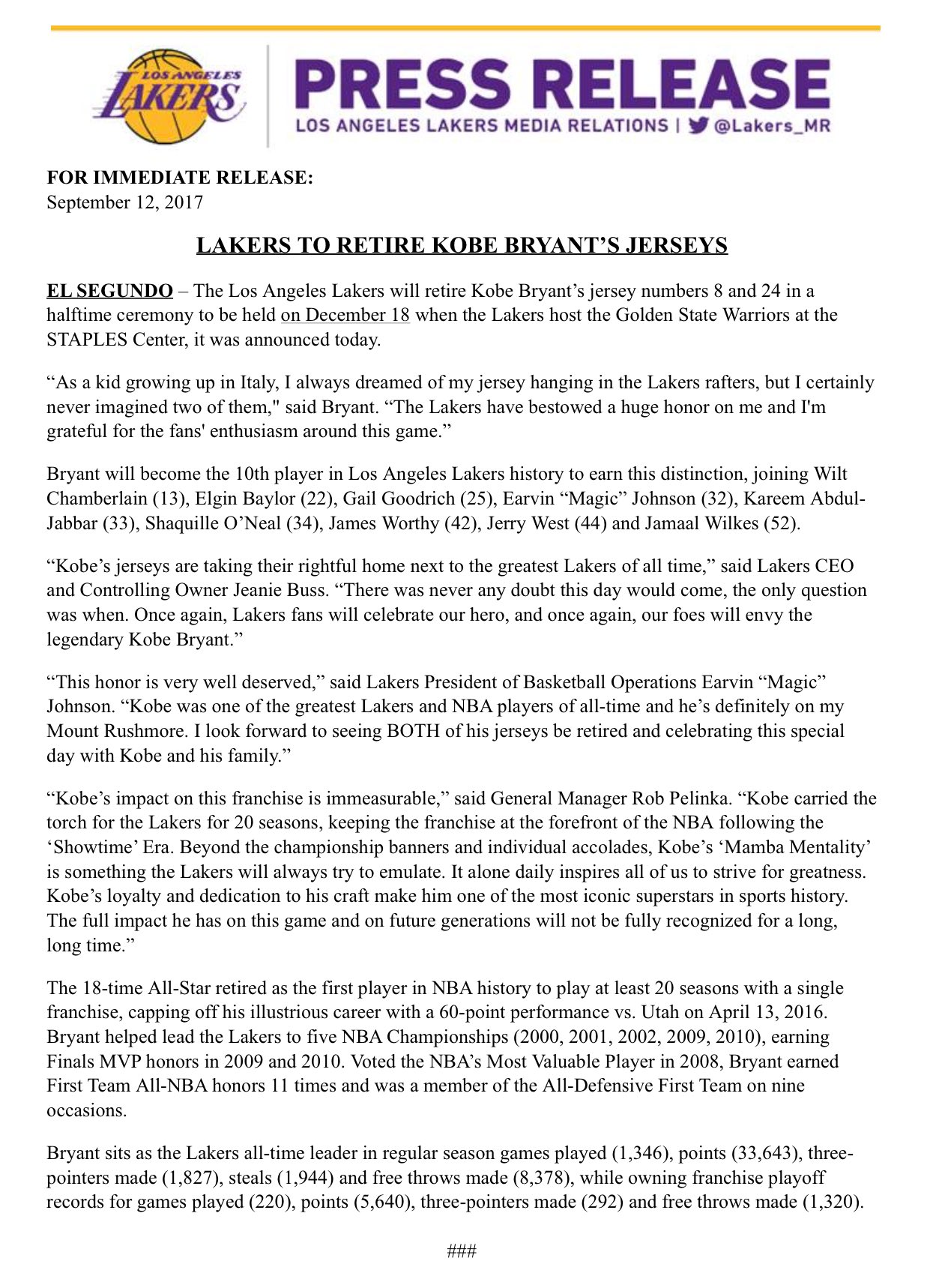Lakers to retire Kobe Bryant's number 8 & 24 jerseys 
