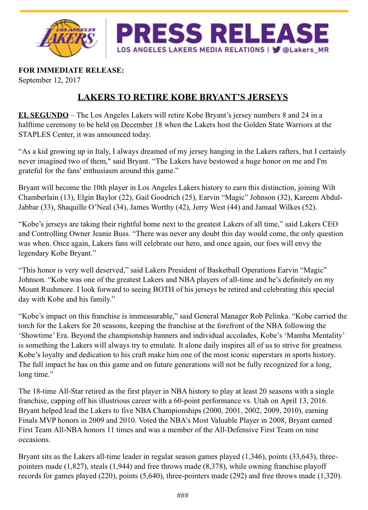 Lakers Retire Kobe Bryant's Jersey Numbers