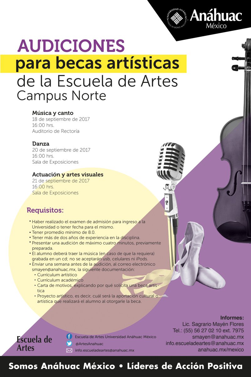 ArtesAnahuac's tweet photo. Tu talento artístico te puede dar una beca. Audiciona este próximo 18, 20 y 21 de septiembre. #SomosAnáhuac #FormamosArtistas https://t.co/3xMaBO8rAW