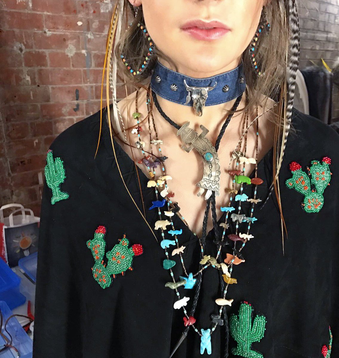 Jessie Western on X: Carlotta oddi wearing Jessie Western hand made jacket  & wearing real Native American Indian necklaces #MFW  #jessiewestern#carlottaoddi  / X