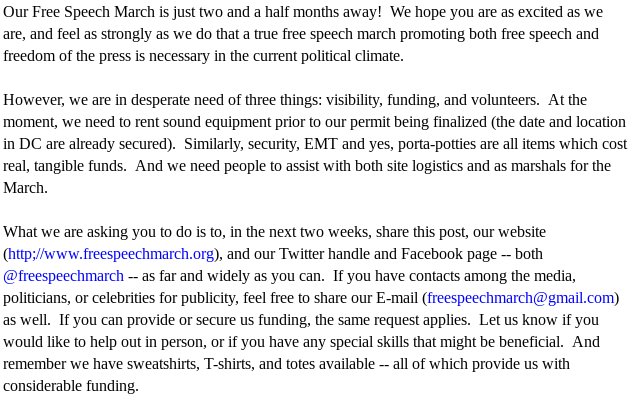 freespeechmarch's tweet photo. Once more with feeling. Our march is scheduled for 11/18, but needs yr help spreading the word thru the next days to ensure interest. Tyvm. https://t.co/9oJ8qO9ECm
