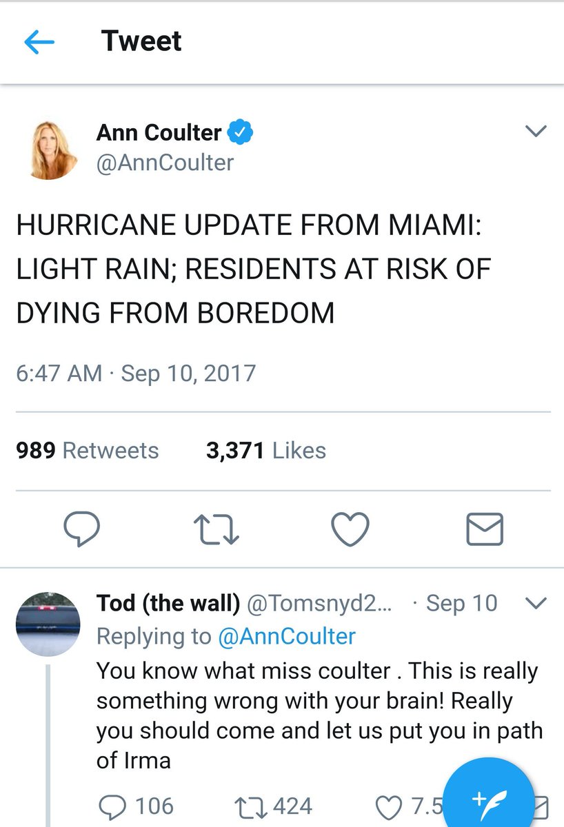 buell003's tweet photo. “Residents at risk of dying from boredom”: #AnnCoulter downplays #HurricaneIrma - Risking thousands of lives! #DWMN https://t.co/QO2AZsQwwK https://t.co/xIF69kDCZ0
