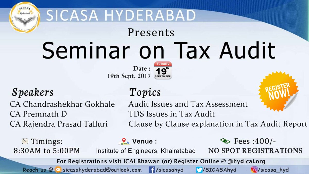 SICASAhyd's tweet photo. Seminar on TAX AUDIT for Students
Dt. 19.09.17 @ Institute of Engineers, Khairatabad.
#SICASA #Hyderabad #TaxAudit #Seminar https://t.co/Gz8ZkUCZtd