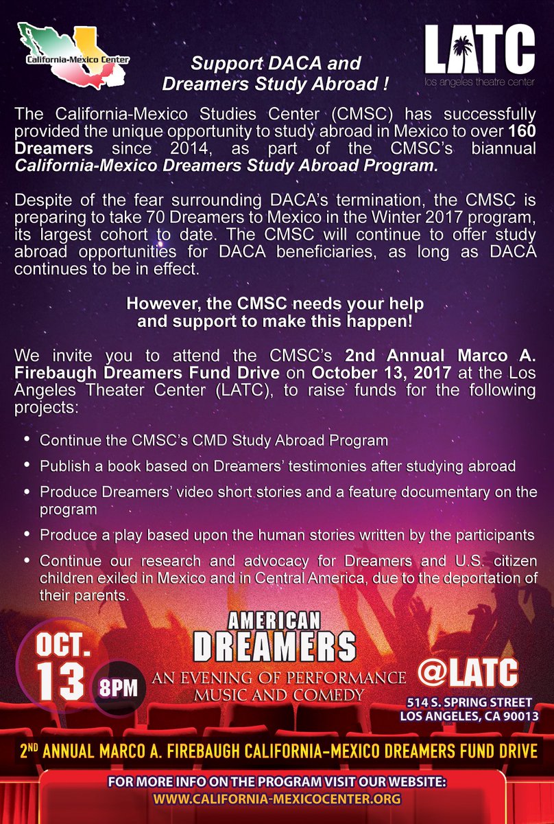 CalMexCenter's tweet photo. Helps us spread the word! We are hosting our 2nd Annual #MarcoFirebaugh #Dreamers Fund Drive on Oct. 13 at @theLATC https://t.co/Mlp7aSA5m3 https://t.co/M5h0CiYFbm