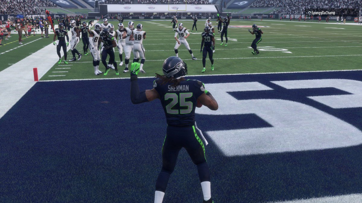 GRIDHAWKS's tweet photo. Sherman celebrates after yard pick six. The Legion was Booming, only allowing 79 yards of offense. Also had 5 sacks and 2 ints. @GridMbl https://t.co/E6gdV2cY2T