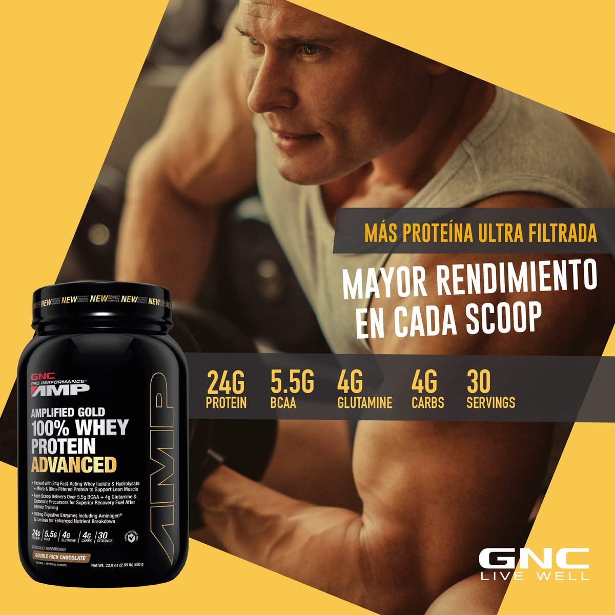 AMP Gold 100% Whey Proteína avanzada contiene 24g de proteína de rápida absorción isolatada , hidrolizada y micro ultra filtrada. #GNC