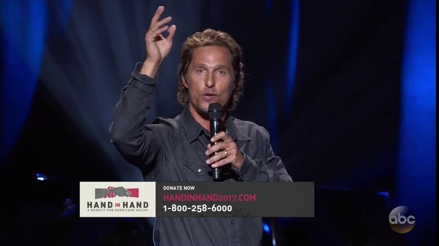 ABC's tweet photo. Matthew McConaughey: "We can't bring back what they lost. But we can help them know where to take the next step." #HandInHand https://t.co/008LZ2zOvY