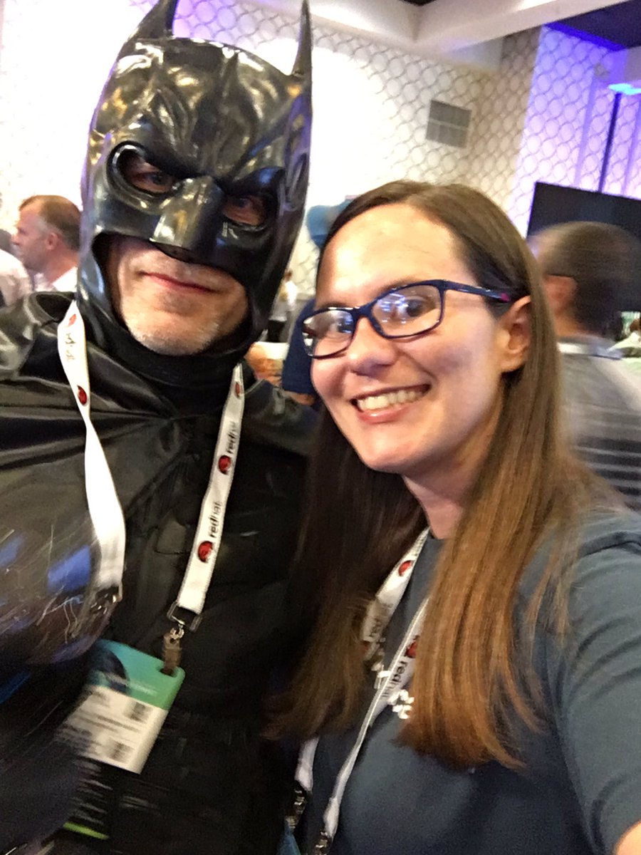 linuxacademyCOM's tweet photo. Even Batman came by booth 210 to inquire about #cloud training! #OSSummit @LAComKim https://t.co/dIT2IvktAd